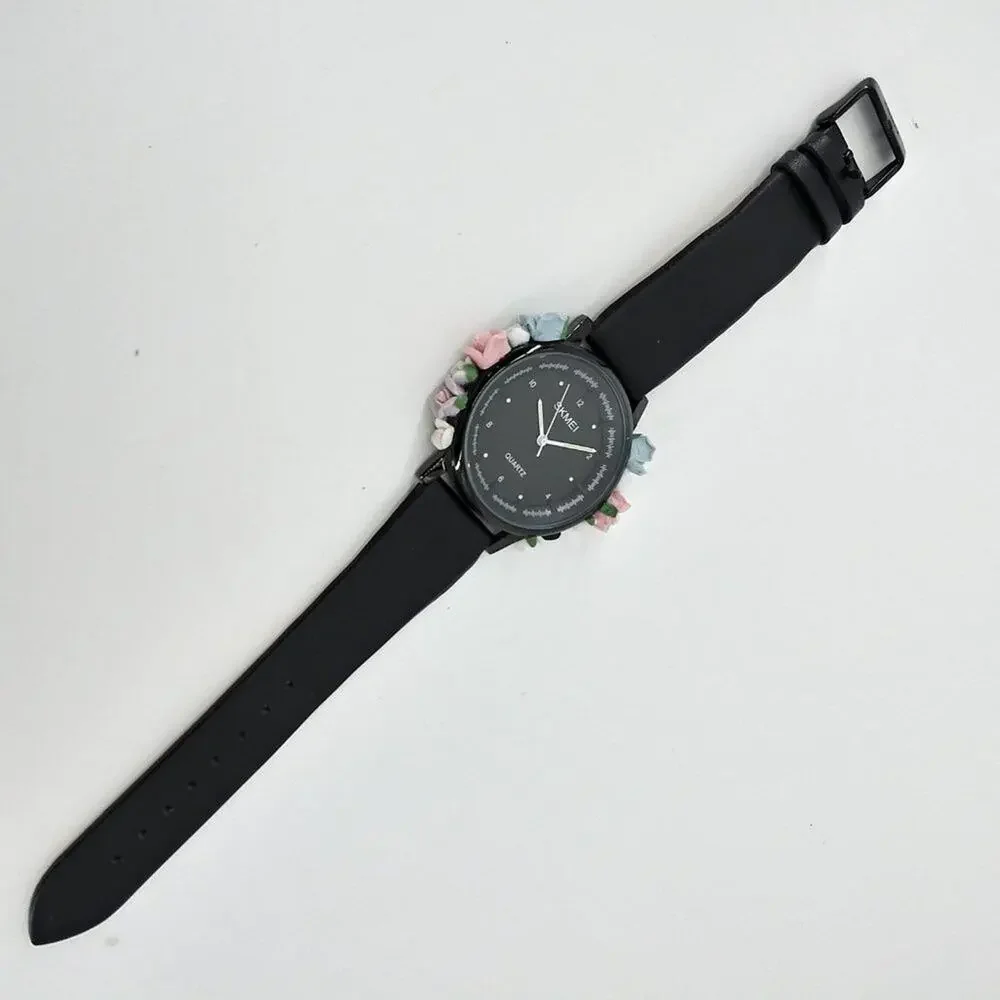 Skmei Women's Black Watch 3D Floral Flowers Water - Picture 5 of 8